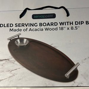 Handled serving Board with Dip Bowl Wood 18”x8.5” New